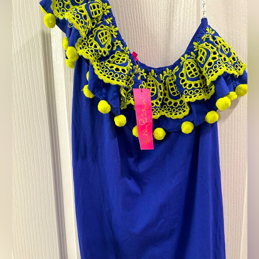 Lilly Pulitzer one shoulder, pom pom, neon dress